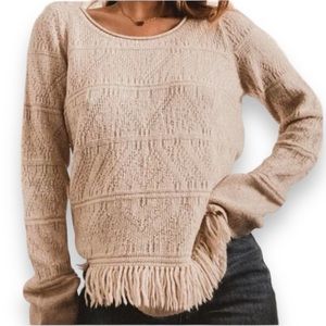 Anthropologie Moth Cream Wool Blend Knit Fringe Sweater Size Medium